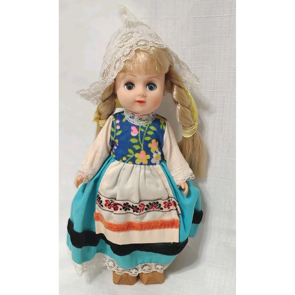 Vtg 50's Dutch Girl Doll Sleepy Eyes 7"  Wooden Shoes Snap Dress Socks Lace Slip